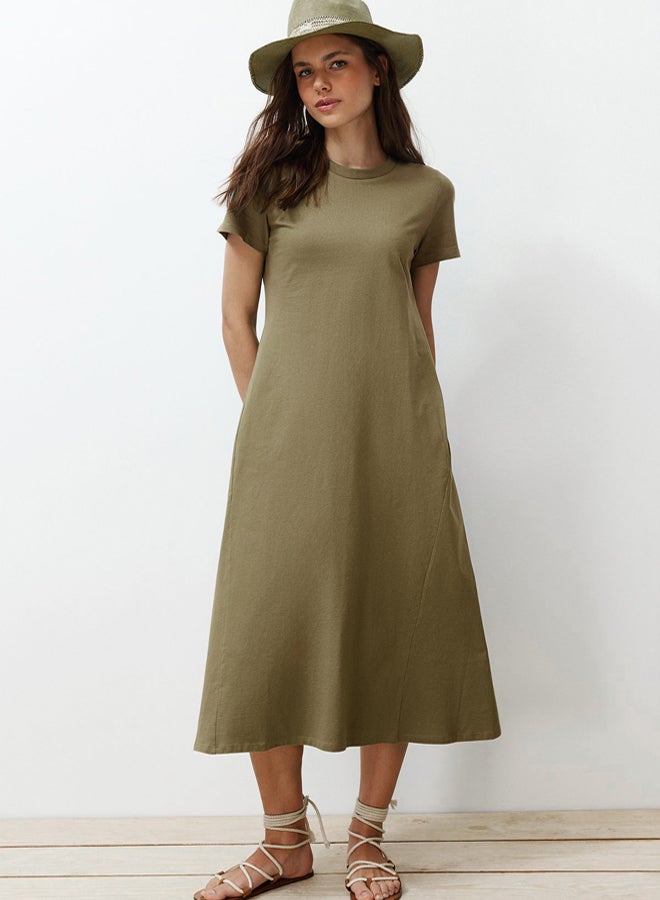 trendyol Khaki Pocket Premium Crew Neck A-Line Knitted Midi Dress - Image 2