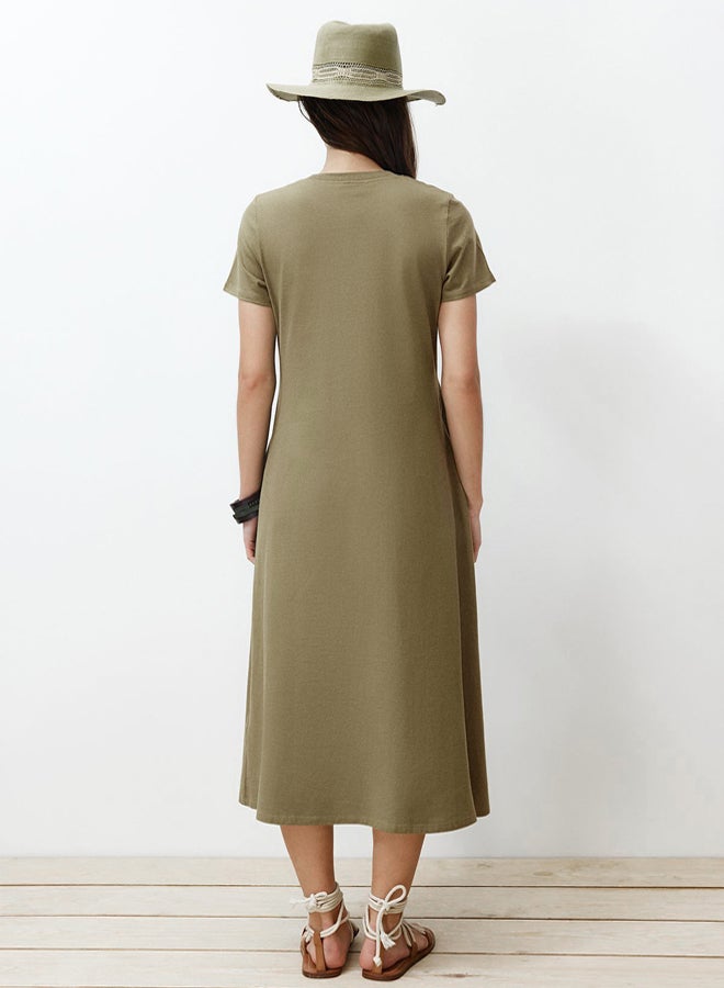 trendyol Khaki Pocket Premium Crew Neck A-Line Knitted Midi Dress - Image 5