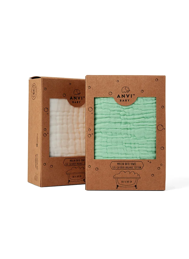 Anvi Baby Set of 2 Organic Muslin Bath Towel- Green & White 105x105cms