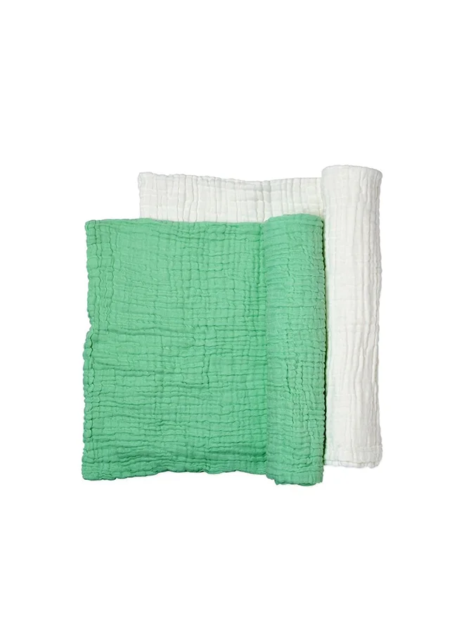 Anvi Baby Set of 2 Organic Muslin Bath Towel- Green & White 105x105cms