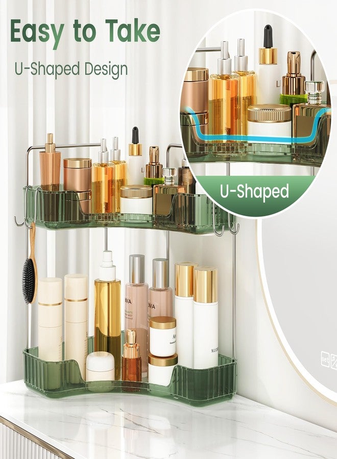 Kinkota 2 Tier Corner Bathroom Organizer Countertop, Plastic Bathroom Counter Organizer, Vanity Tray Sink Shelf with Hooks, for Makeup Storage (Green) - Image 5