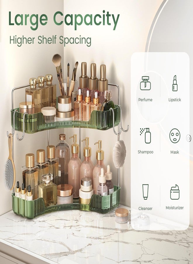 Kinkota 2 Tier Corner Bathroom Organizer Countertop, Plastic Bathroom Counter Organizer, Vanity Tray Sink Shelf with Hooks, for Makeup Storage (Green) - Image 4