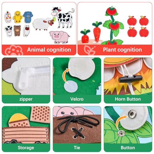 PATPAT® Farm Toddler Busy Board, Montessori Toys for Boys Girls 1 2 3 4 Year Old, Educational Quiet Activity Book with Knowledge with Life Skills, Toddlers Travel Toys for Airplane Car - Image 3