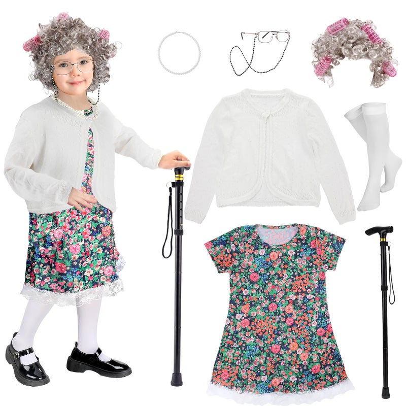 Biubee Old Lady Costume for Girls Kids - 100 Day Costume Girl, with Dress and Cardigan, 100 Days of School Costume Set for Girls 3 4 5 6 7 8 9 10 Years Cosplay Granny Grandma Outfit Dress Up, M - Image 1
