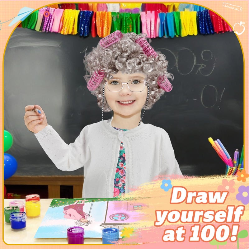 Biubee Old Lady Costume for Girls Kids - 100 Day Costume Girl, with Dress and Cardigan, 100 Days of School Costume Set for Girls 3 4 5 6 7 8 9 10 Years Cosplay Granny Grandma Outfit Dress Up, M - Image 3