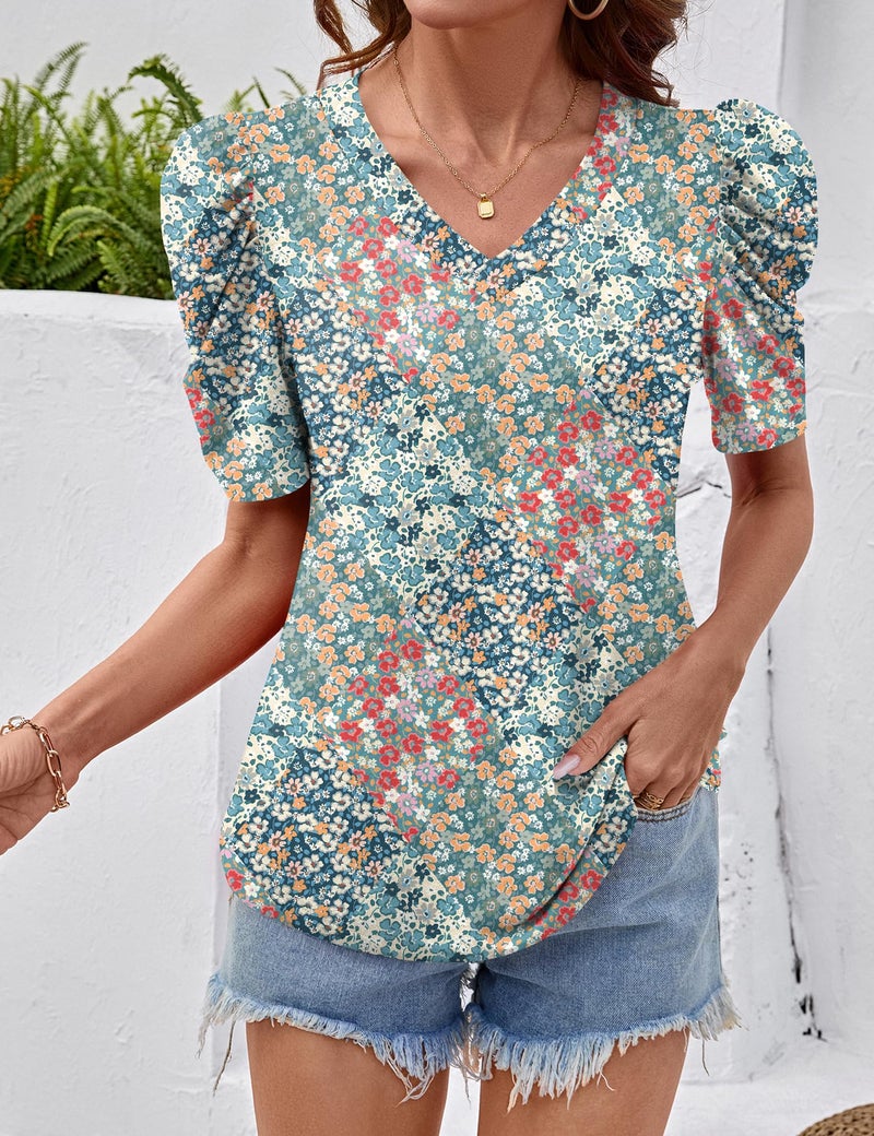 IECCP Casual Tops for Women Trendy Puff Short Sleeve Loose T Shirts Dressy Blouses Summer Tops Spring Multicolored Florals XL - Image 2