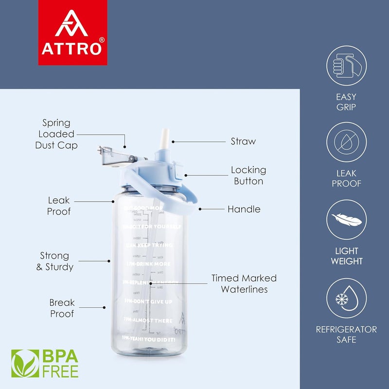 ATTRO زجاجة رياضية سماسير سعة 2 لتر مع اقتباسات وعلامات زمنية مع مقبض سهل الحمل وقشة خالية من BPA، مقاومة للتسرب للجيم، المكتب، التمارين - زرقاء، بلاستيك - Image 2