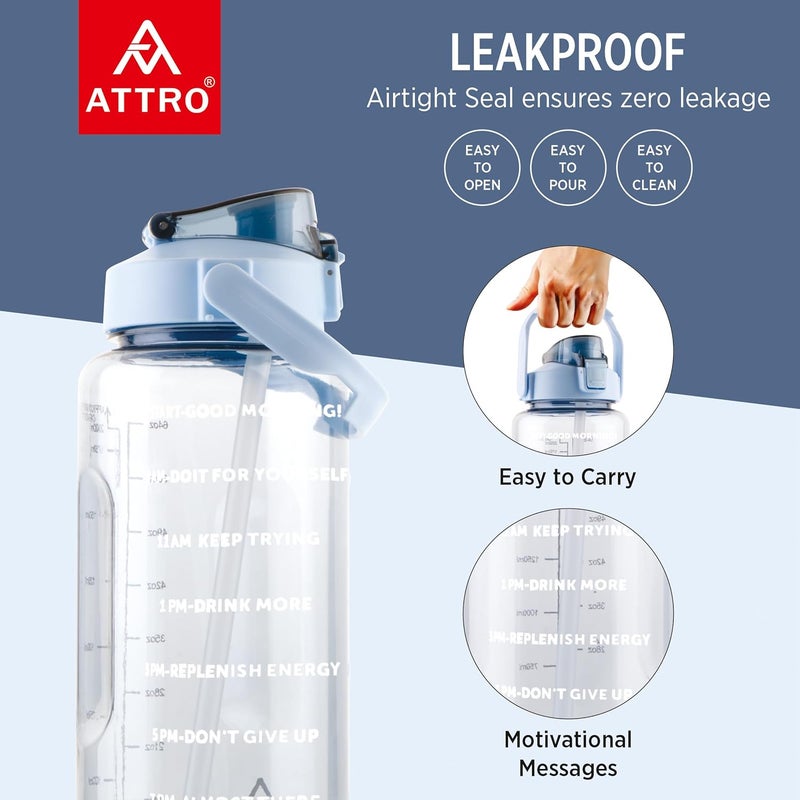 ATTRO زجاجة رياضية سماسير سعة 2 لتر مع اقتباسات وعلامات زمنية مع مقبض سهل الحمل وقشة خالية من BPA، مقاومة للتسرب للجيم، المكتب، التمارين - زرقاء، بلاستيك - Image 3