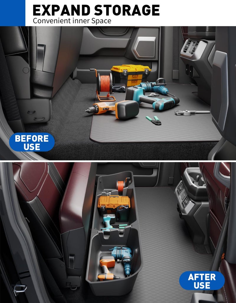 wonderdriver Wonderdrive Under Seat Storage Box Fit for 2015-2026 Ford F-150 F150 SuperCrew Cab, 2017-2026 F-250/F-350/F-450/F-550 Super Duty, Upgraded Rear Truck Underseat Organizer Cargo Box - Image 3