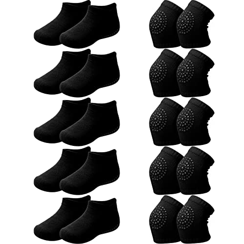 Syhood 10 Pairs Baby Crawling Anti-Slip Knee Pads and Anti-Slip Baby Socks Set Unisex Toddler Knee Protectors Non Slip Ankle Socks (Black) - Image 1
