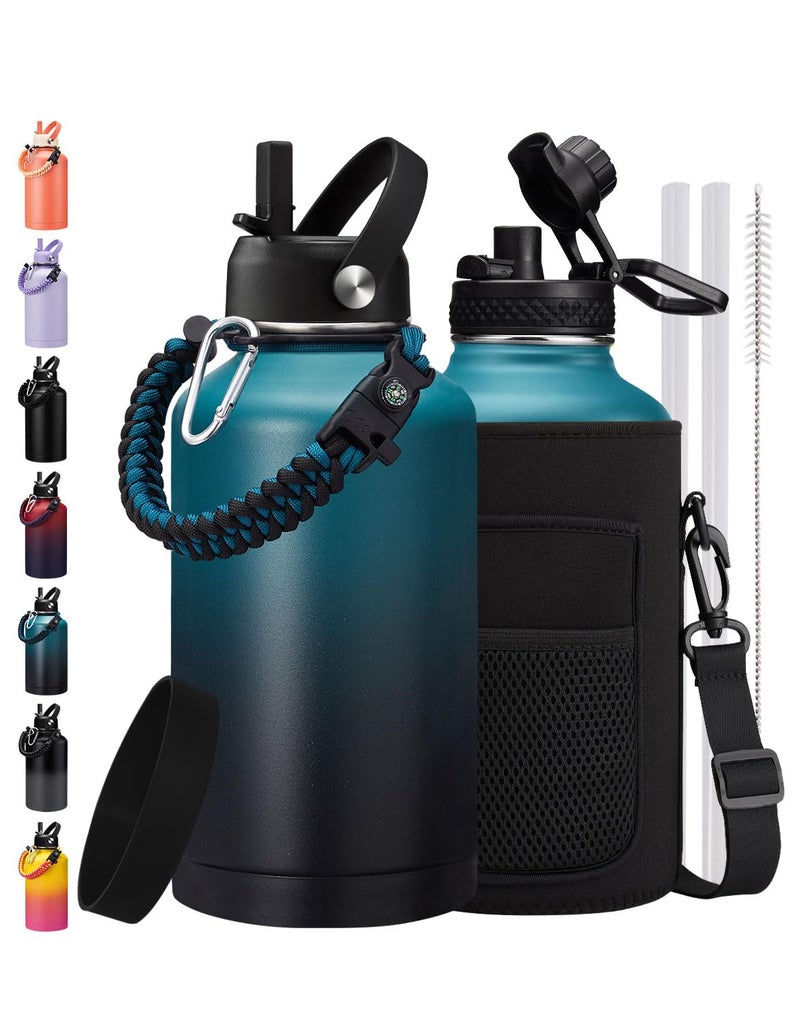 ICIOI 64/128 oz Half Gallon Insuated Water Bottle  (Keep Cold 48H)  Leak Proof Food-Grade Stainless Steel Water Jug With Straw Lid and Atuo Spout Lid  Portable Paracord Handle & Carrier Bag Indigo Black - Image 1
