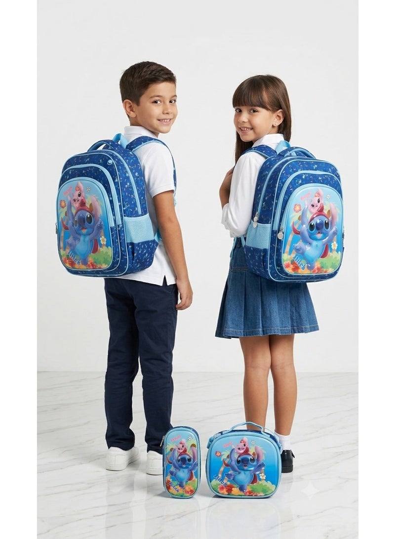 STITCH school bag set with lunch bag and pencil case ,stitch theme,blue,44x34x20 cm ,large capacity,3 piece - Image 2