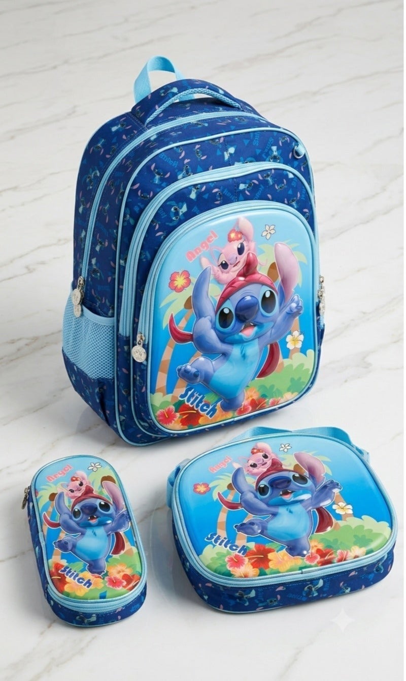 STITCH school bag set with lunch bag and pencil case ,stitch theme,blue,44x34x20 cm ,large capacity,3 piece - Image 1