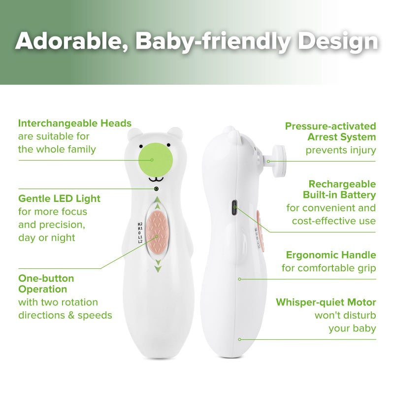 haakaa Happii Bear Baby Nail File Electric Nail Trimmer with LED Light, Rechargeable Baby Nail Clippers for Newborn/Adults Toes and Fingernails, Additional Replacement Heads & Charging Cable - Image 4