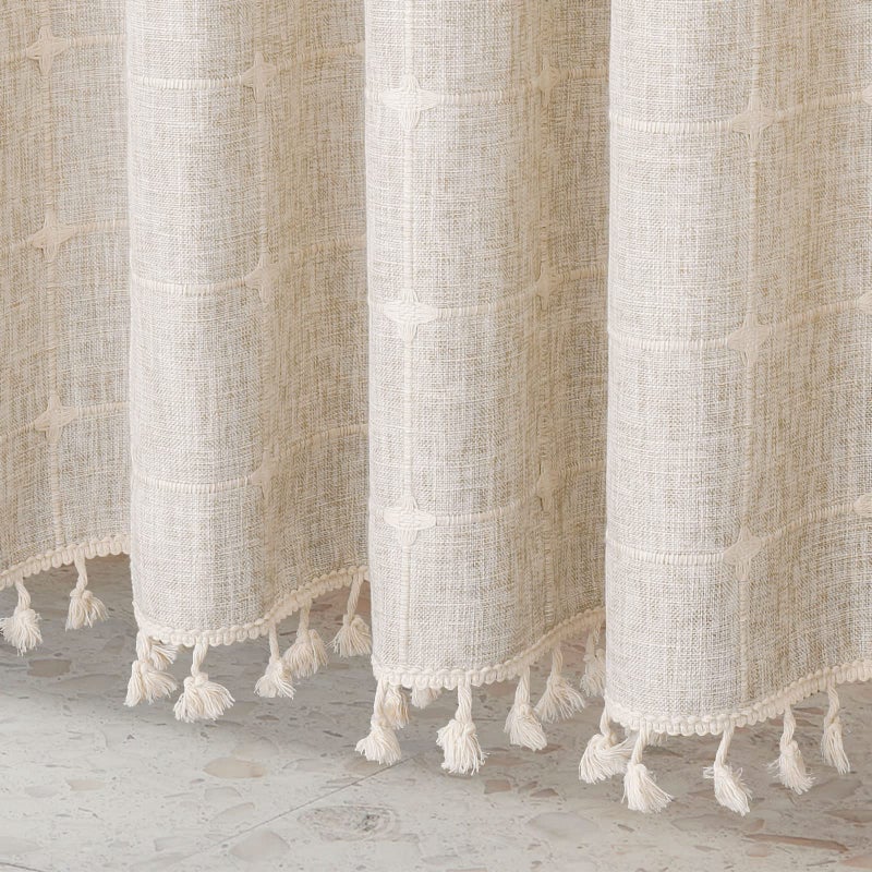 Mitovilla Boho Farmhouse Startain Stain مجموعة حديثة من الكتان القطن النسيج الستائر دش للدش لصالح حمام ريفي محايد تان البوهيمي البوهيمي روفات 72 × 72 - Image 5