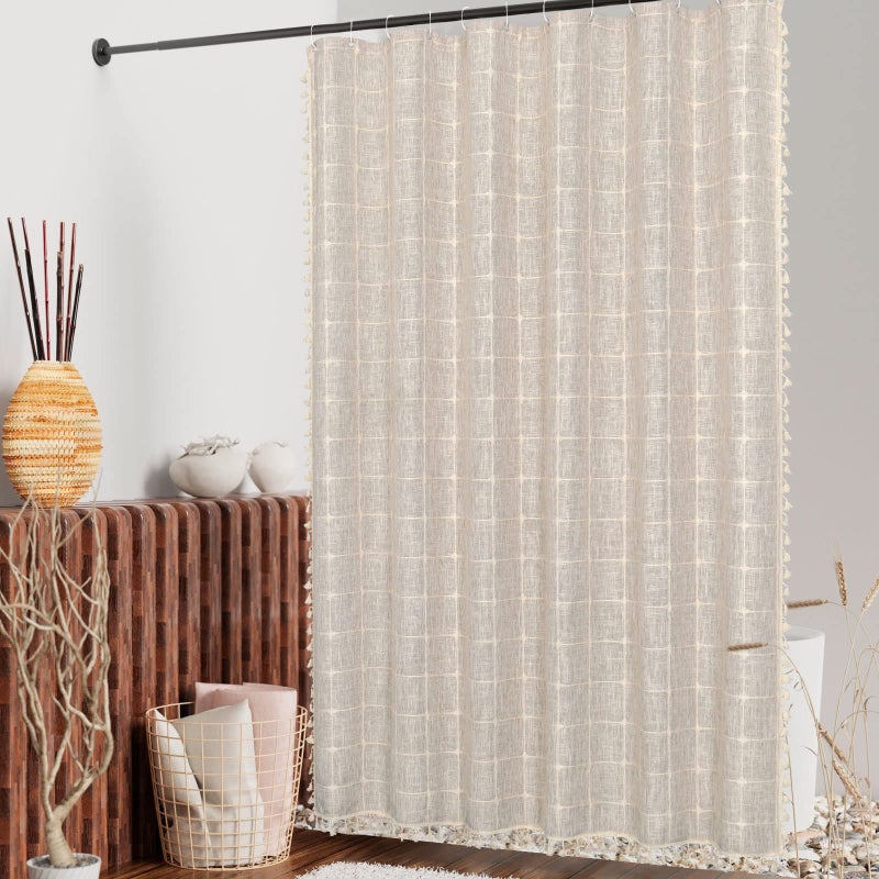 Mitovilla Boho Farmhouse Startain Stain مجموعة حديثة من الكتان القطن النسيج الستائر دش للدش لصالح حمام ريفي محايد تان البوهيمي البوهيمي روفات 72 × 72 - Image 2