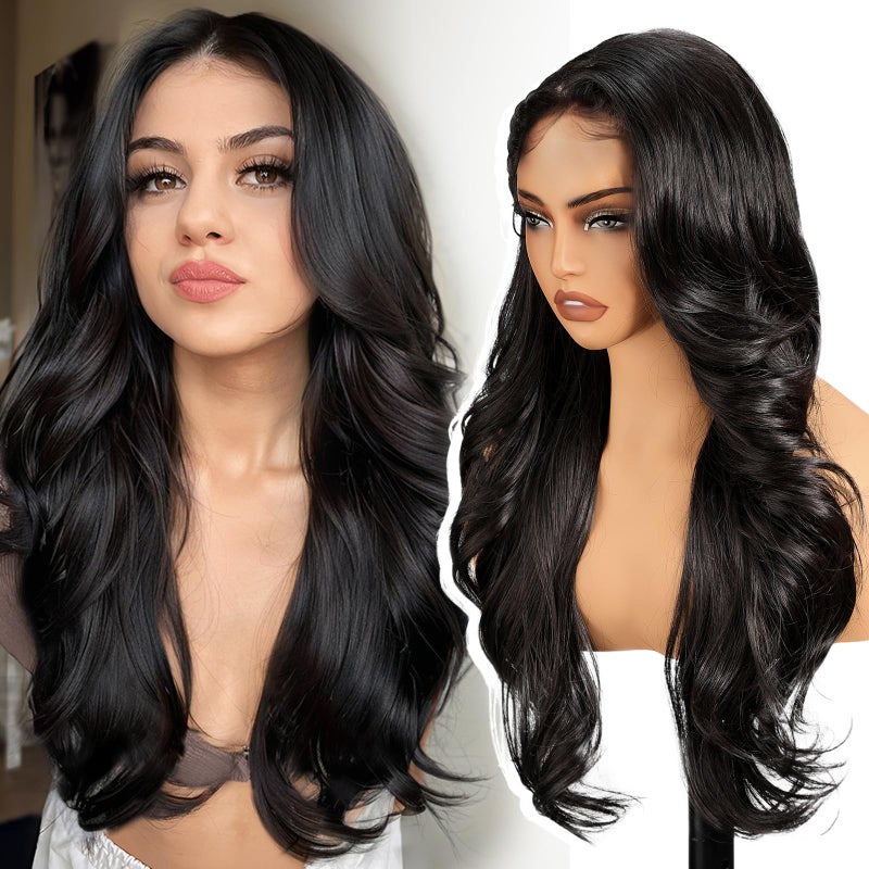 KOME Black Synthetic Lace Front Wig134 HD Lace Layered Wave Glueless Wigs for Women Daily Use 26IN