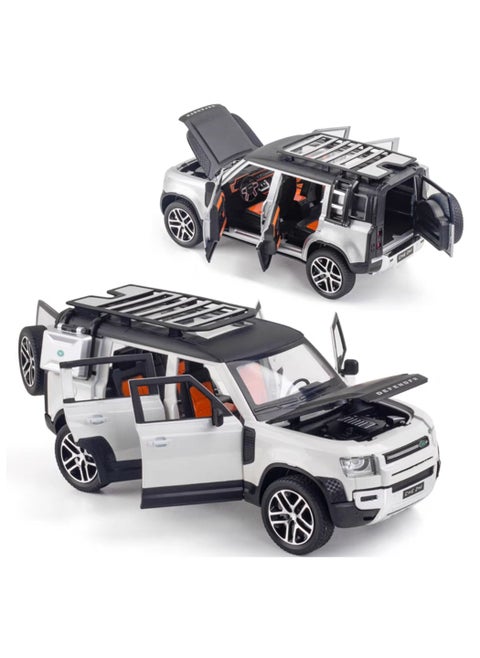 1:24 Scale Land Rover Defender Toy Cars, Diecast Model Luxury Metal Car Collection, Collectible Toys, Zinc Alloy Pull Back with Front and Back Lights and Sound, Open Doors White