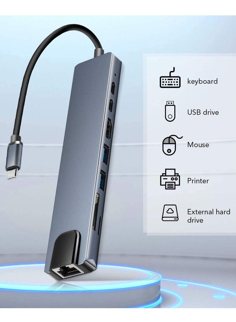 USB C Hub (8 in 1 Multifunction Adapter for MacBook & Windows) / USB Docking Station / 4K HDMI, HDTV, SD/TF card, RJ45, USB C - Image 2