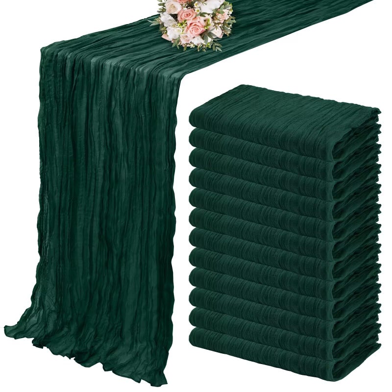 12 Pack Cheesecloth Table Runner 35 x 120 inch Long Boho Cheese Cloth Gauze Table Runners Semi Sheer Table Runner for Wedding Decor Bridal Shower Birthday Party Emerald Green