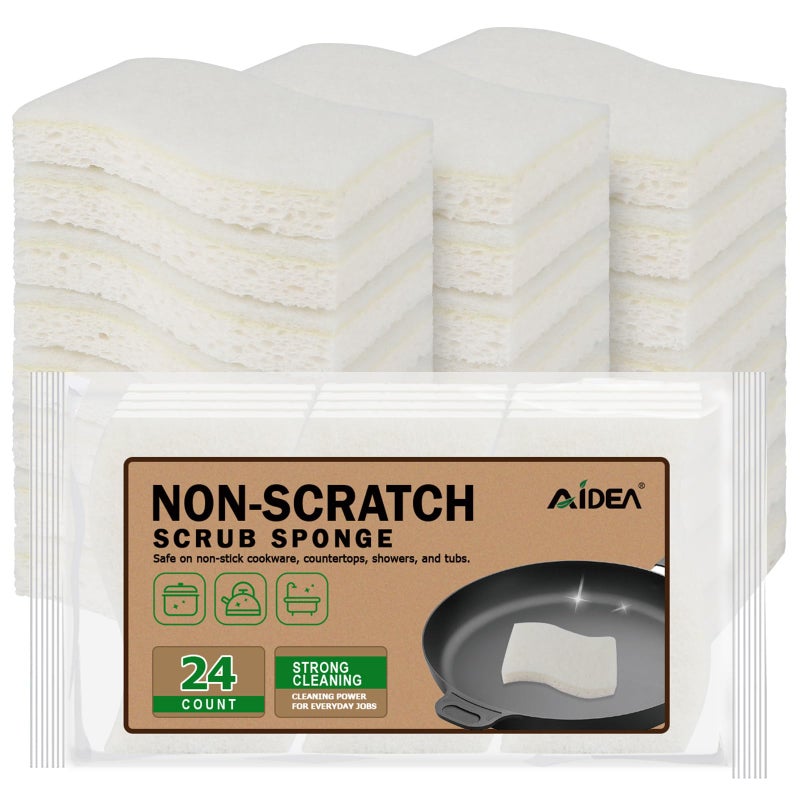 AIDEA Non-Scratch Scrub Sponges-24Count, Sponges Kitchen, Natural Sponges for Non-Stick Cookware, Cellulose Sponges for Dishes, Cleaning Sponge for Kitchen, Bathroom, Household - Image 1