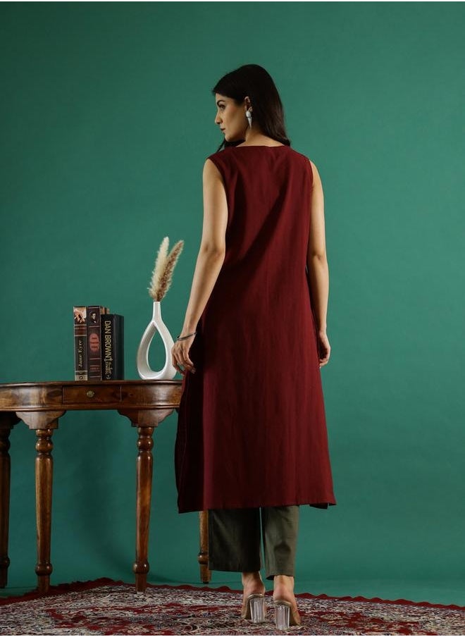 sanskrutihomes Round Neck Cotton A-Line Kurta with Trousers Set by Styli  - Image 2
