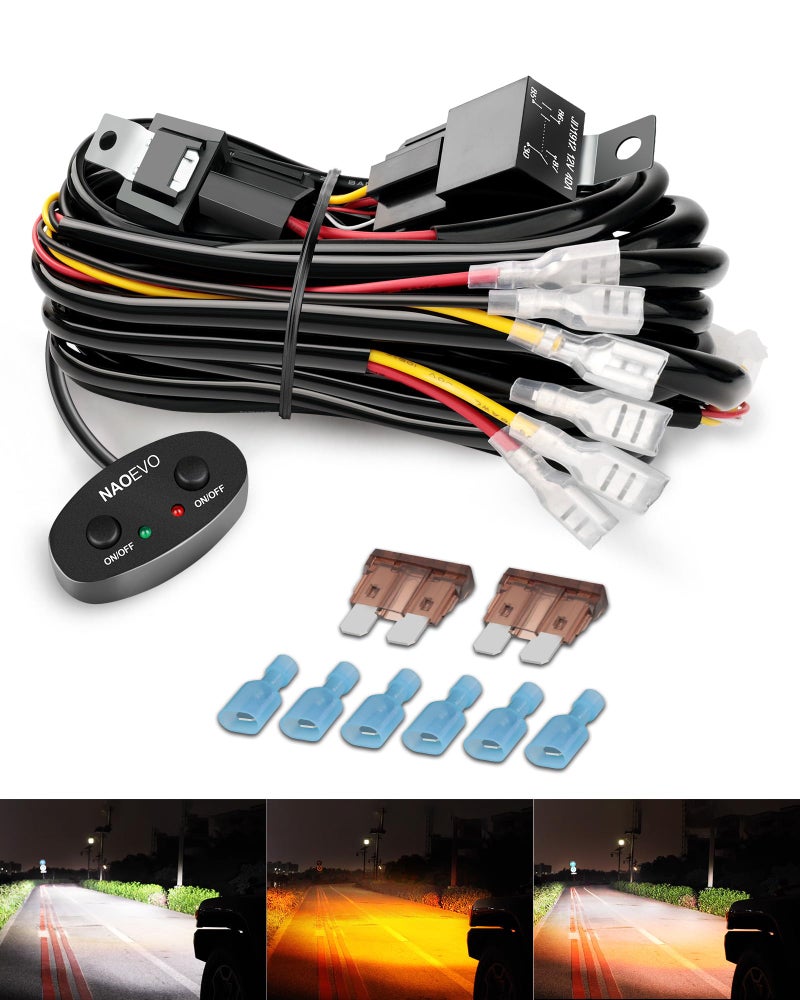 NAOEVO 18AWG 80W Dual Color Wiring Harness Switch 2 Leads Dual Relay Switch 12V Kit for 2 Lights for Car Boat Truck