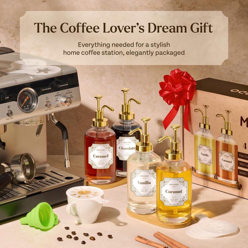 Moccado Glass Coffee Syrup Dispenser for Coffee Bar - Set of 4 Gold 500 ml / 16.9 oz Glass Syrup Bottles, Includes 2 Bamboo Trays, 16 Stencils, Labels, Coffee Bar Accessories - Image 4