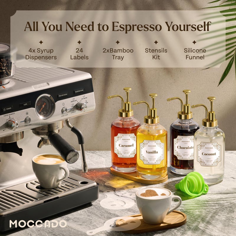 Moccado Glass Coffee Syrup Dispenser for Coffee Bar - Set of 4 Gold 500 ml / 16.9 oz Glass Syrup Bottles, Includes 2 Bamboo Trays, 16 Stencils, Labels, Coffee Bar Accessories - Image 2