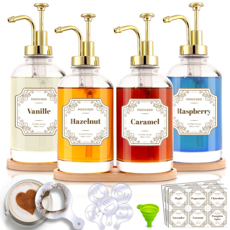 Moccado Glass Coffee Syrup Dispenser for Coffee Bar - Set of 4 Gold 500 ml / 16.9 oz Glass Syrup Bottles, Includes 2 Bamboo Trays, 16 Stencils, Labels, Coffee Bar Accessories - Image 1