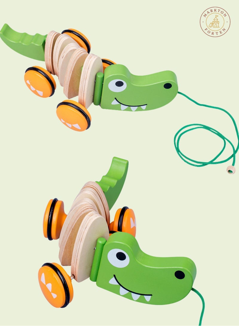 Montessori Wooden Pull Along Crocodile Toy for Toddlers and Kids - Fun Activity Walking Toy with Wheels and Pull String - Learning, Motor Skills, Indoor Outdoor Play - Educational Gift for Boys and Girls 3+ - Image 2