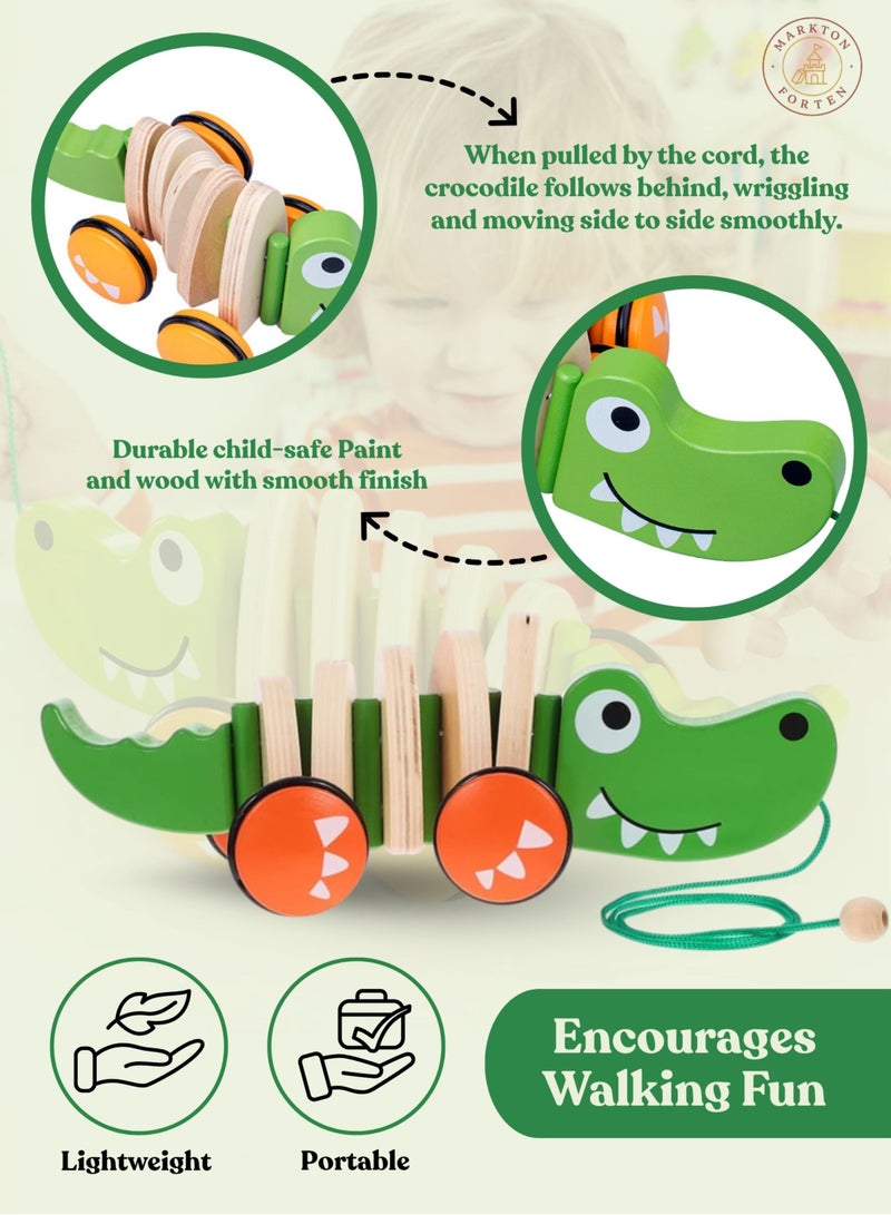 Montessori Wooden Pull Along Crocodile Toy for Toddlers and Kids - Fun Activity Walking Toy with Wheels and Pull String - Learning, Motor Skills, Indoor Outdoor Play - Educational Gift for Boys and Girls 3+ - Image 4