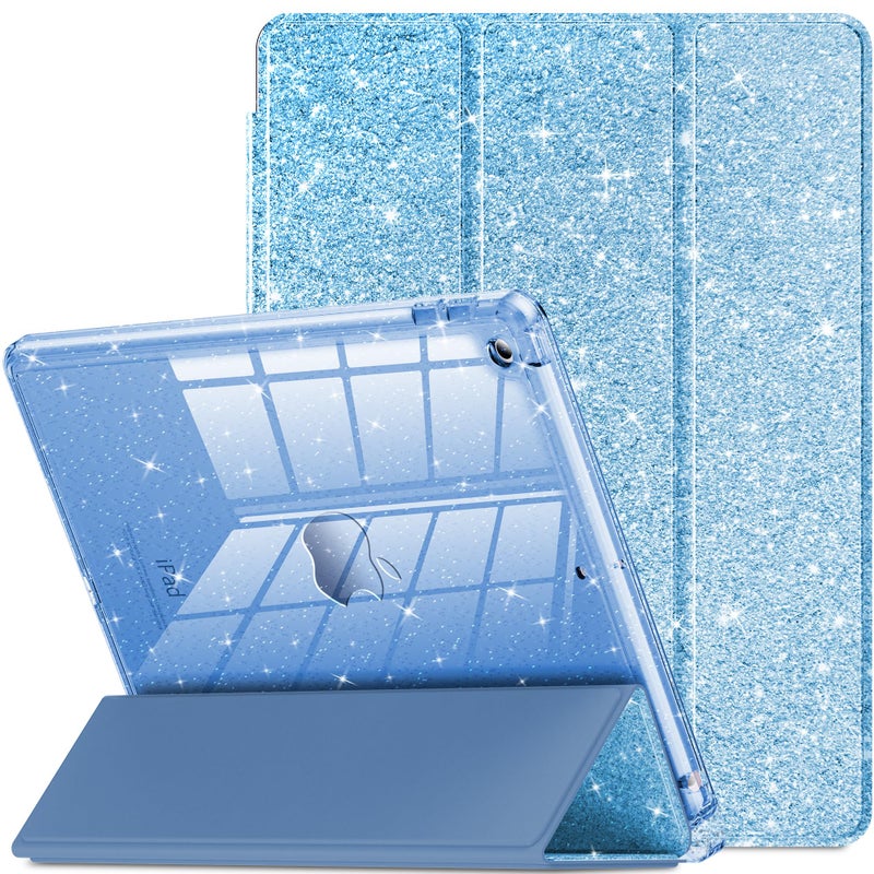 Infiland إنفيلاند لجهاز iPad الجيل التاسع/الثامن/السابع - جراب بريق 10.2 بوصة، أزرق مع ظهر شفاف، حامل قلم للأطفال - Image 1