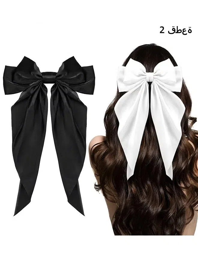 Big Bow Hair Clips 2pcs, Long Tail French Hair Bows for Women Girl, Satin Silky Bow Hair Barrette, Black White Bow Hair Dress Up Accessories for Party/Show/Wedding - Image 1