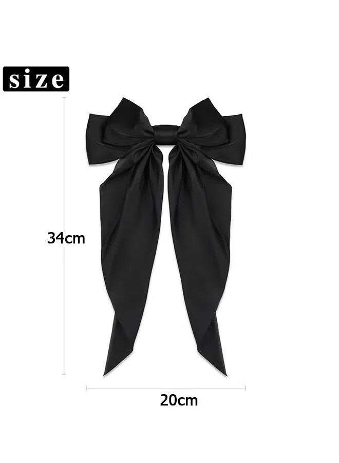 Big Bow Hair Clips 2pcs, Long Tail French Hair Bows for Women Girl, Satin Silky Bow Hair Barrette, Black White Bow Hair Dress Up Accessories for Party/Show/Wedding - Image 2
