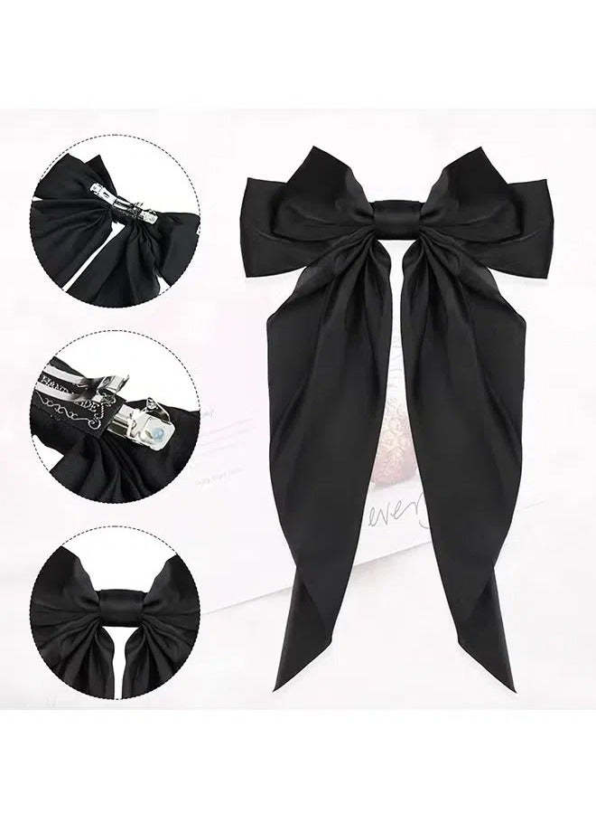 Big Bow Hair Clips 2pcs, Long Tail French Hair Bows for Women Girl, Satin Silky Bow Hair Barrette, Black White Bow Hair Dress Up Accessories for Party/Show/Wedding - Image 3