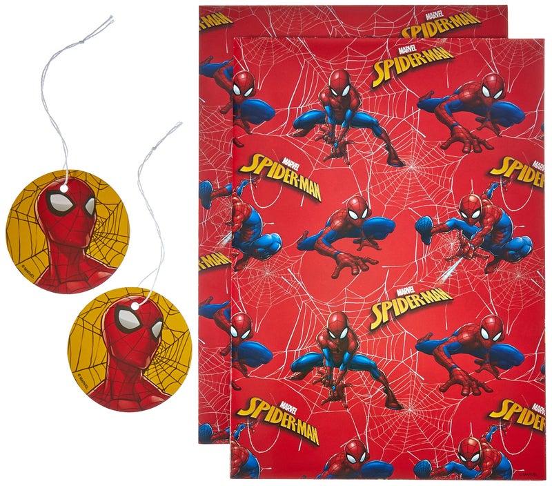 UK Greetings Birthday Gift Wrapping Paper Boys - Wrapping Paper Sheets for Kids, Wrapping Paper Birthday, Spiderman Wrapping Paper; for Boys Gift, Spiderman Gifts - 2 Sheets & 2 Tags - Image 1