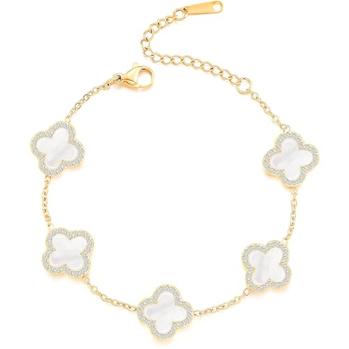 SHINYY Four Leaf Clover Bracelet for Women | 18K Gold Plated Cubic Zirconia Link Bracelet | 4 Leaf Lucky Jewelry Gift for Her (White Gold) - Image 5