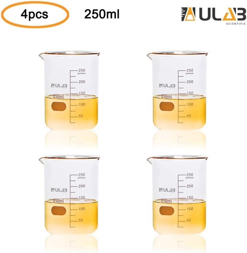 ULAB Scientific Glass Beaker Set, Vol. 250ml, 3.3 Borosilicate Griffin Low Form with Printed Graduation, Pack of 4, UBG1015 - Image 2