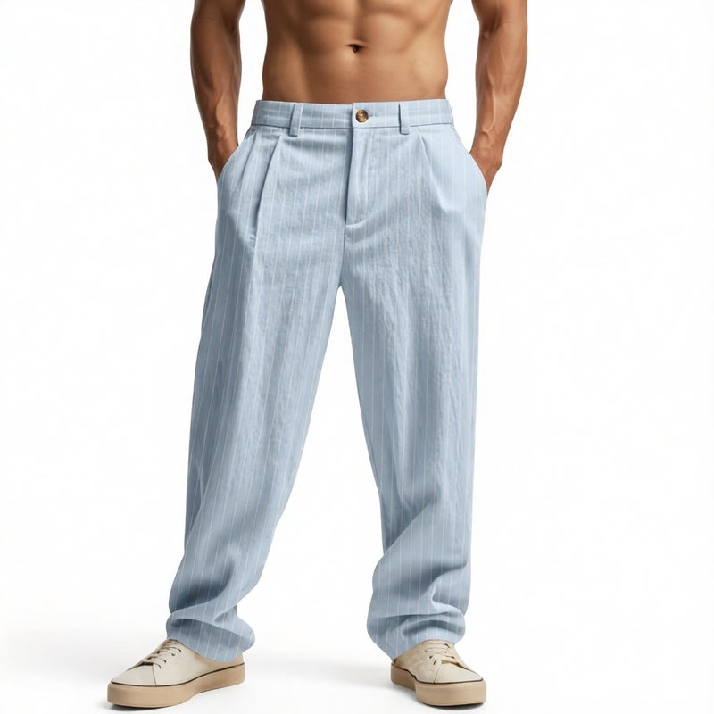 Men's Casual Striped Straight Leg Pants Summer Loose Fit Trousers - Image 1