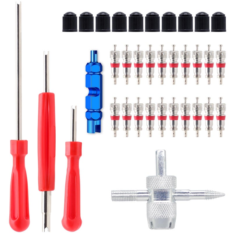 ZHSMS Valve Stem Removal Tool 20Pcs Valve Cores 10Pcs Tire Valve Caps 4Way Valve Tool Valve Core Remover Tool