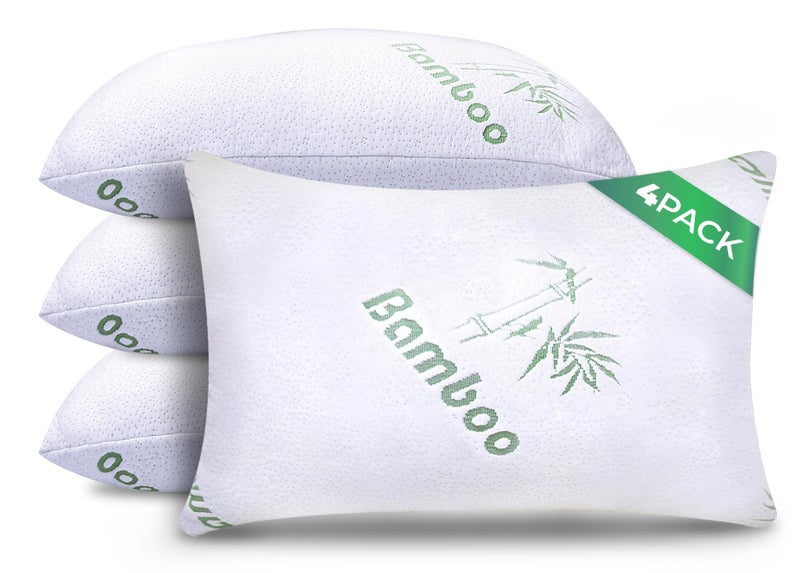 Memory Foam Pillows Queen Size Set of 4 Cooling Bed Pillows for Sleeping Back Stomach Side Sleeper Firm Pillow Comfy Cool Shredded Memory Foam 4 Pack Queen Rayon Derived from Bamboo Pillows