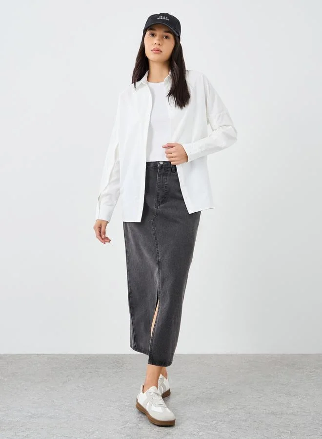 ستايلي Styli Plain Collared Shirt with Buttoned Sleeve