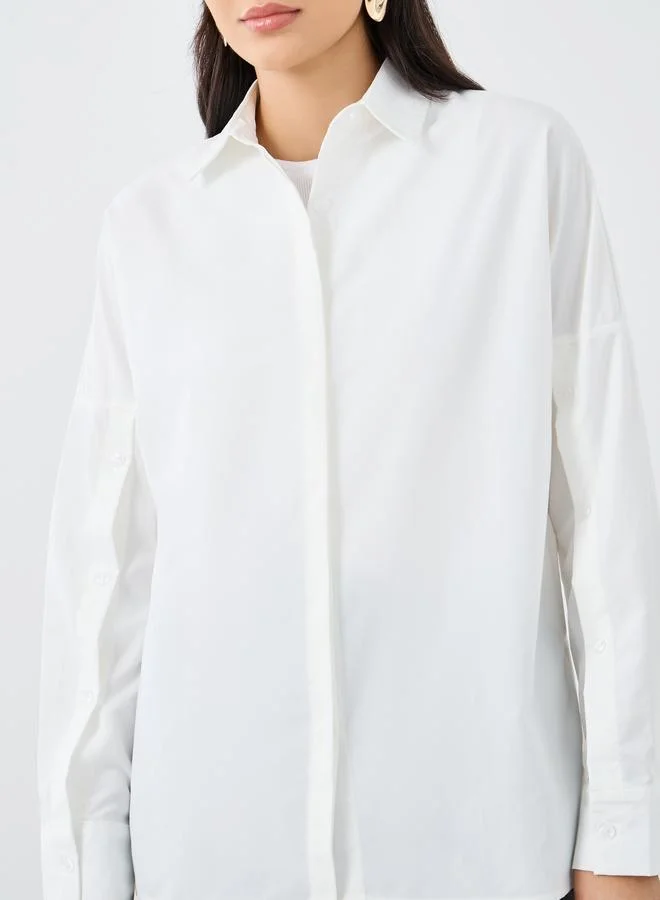 Styli Styli Plain Collared Shirt with Buttoned Sleeve