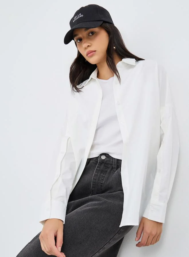 ستايلي Styli Plain Collared Shirt with Buttoned Sleeve