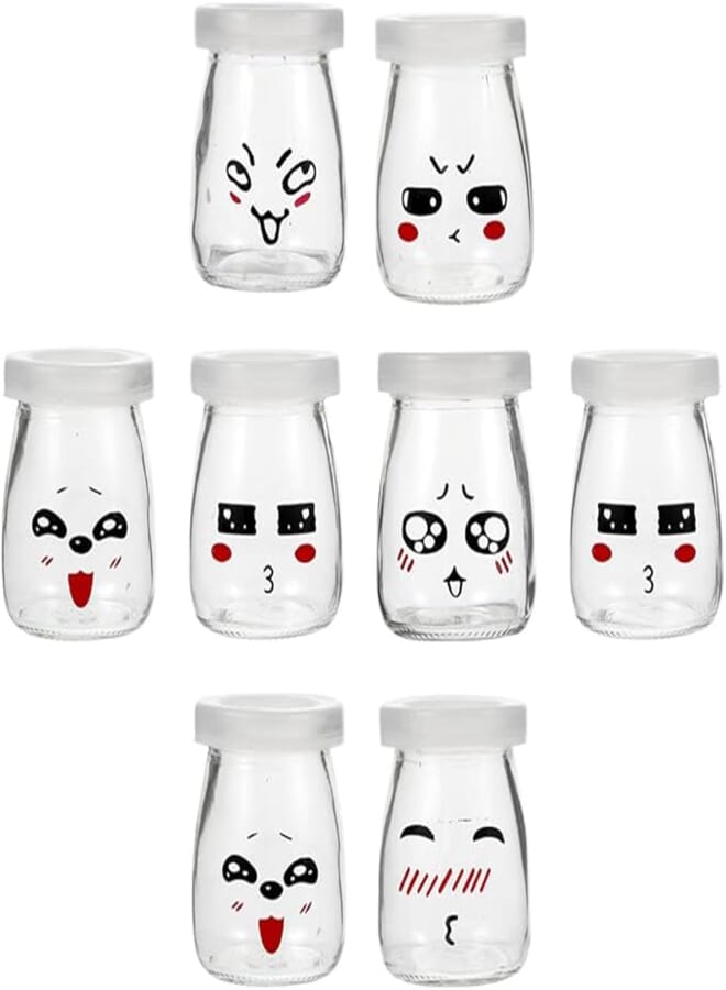 Yoghurt Jars with Lids Dessert Jars Yoghurt Maker: Pack of 8 Cartoon Yoghurt Cups Preserving Jars Dessert Jars Storage Jars Container for Pudding Jelly Mousse Milk (200 ml Random Pattern)