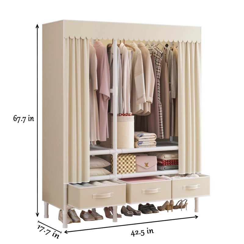 WEALTHYHEART Portable Closet,Garment Rack,Heavy Duty Clothes Rack with Cover,Wardrobe Closet with 1 Hanging Rods, 2 Storage Shelves and 3 Drawers,43.3" L x 17.7" W x 67.7" H,Pale Yellow - Image 3