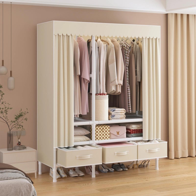 WEALTHYHEART Portable Closet,Garment Rack,Heavy Duty Clothes Rack with Cover,Wardrobe Closet with 1 Hanging Rods, 2 Storage Shelves and 3 Drawers,43.3" L x 17.7" W x 67.7" H,Pale Yellow - Image 2