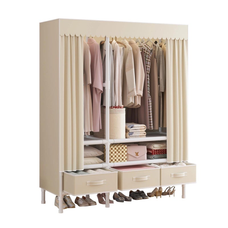 WEALTHYHEART Portable Closet,Garment Rack,Heavy Duty Clothes Rack with Cover,Wardrobe Closet with 1 Hanging Rods, 2 Storage Shelves and 3 Drawers,43.3" L x 17.7" W x 67.7" H,Pale Yellow - Image 1