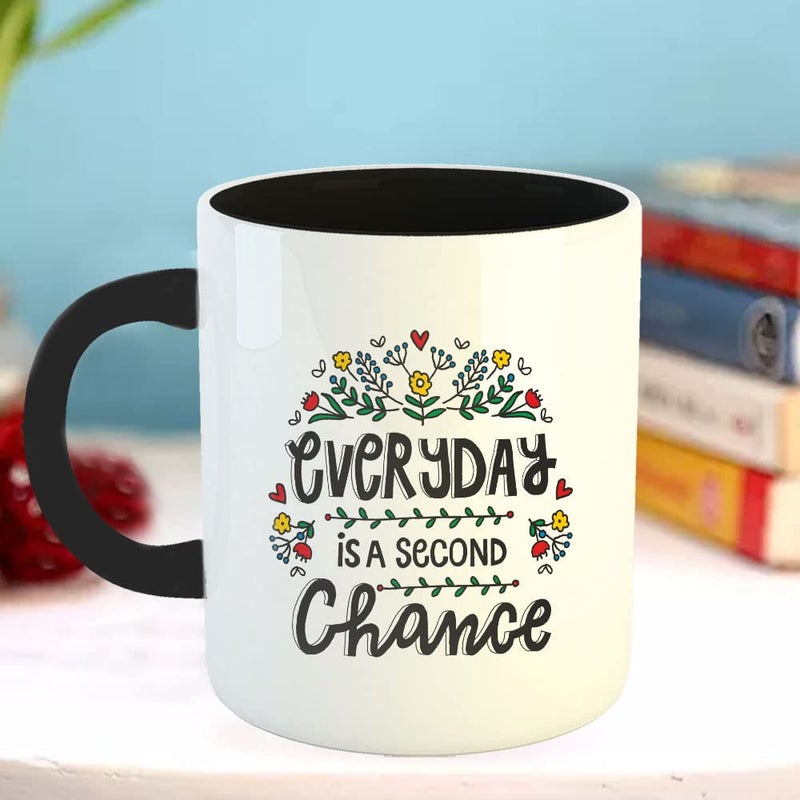 Happu Printed Ceramic Coffee Mug Motivational Quotes Everyday is a Second Chance Gift for Colleagues Office Desk Gift Gift for Mens Gift for Womens Gift for Trainers 325 ML11Oz 2702BK - Image 3